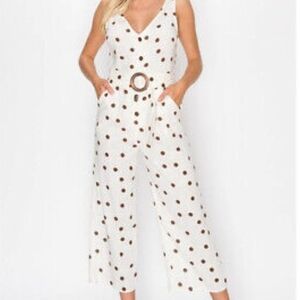 Monteau White and Brown Polka Dot Jumpsuit with Belt